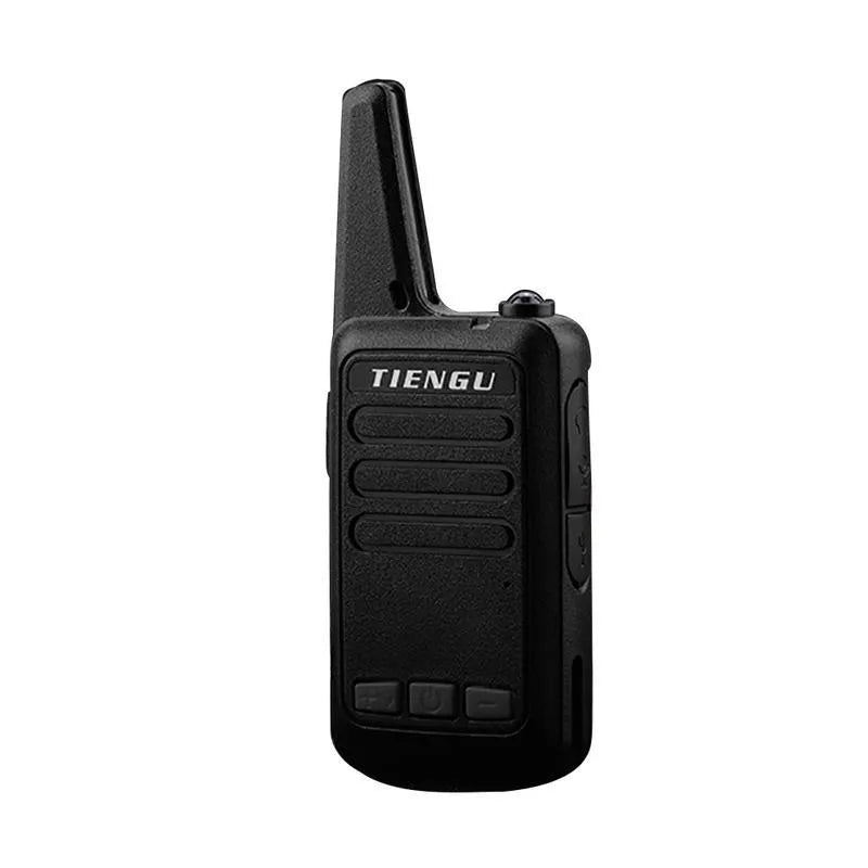 TIENGU black handheld two-way radio with antenna, LED flashlight, and back clip on a plain background
