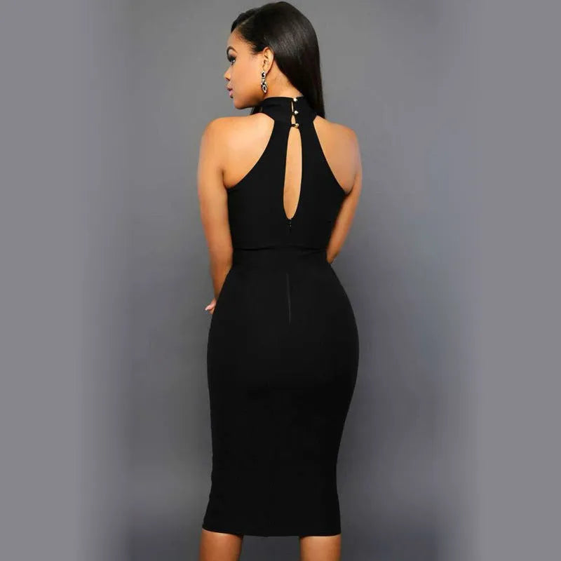 Women sleeveless bodycon dress in black, milk silk fabric, polyester-spandex blend, sizes S M L XL