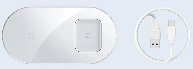 Two-in-one fast wireless charging pad with breathing light, aluminium and glass build, black colour, shown on desk