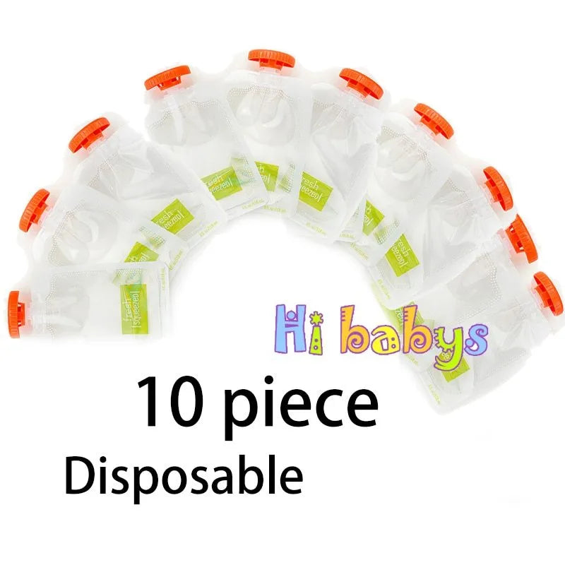 Baby food maker squeeze station pressing homemade fruit puree into 4oz pouch on countertop