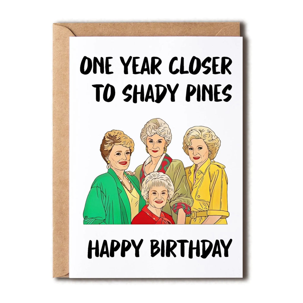 Modern printed birthday greeting card with a selection of coloured envelopes: yellow, purple, pink, red, and kraft paper.