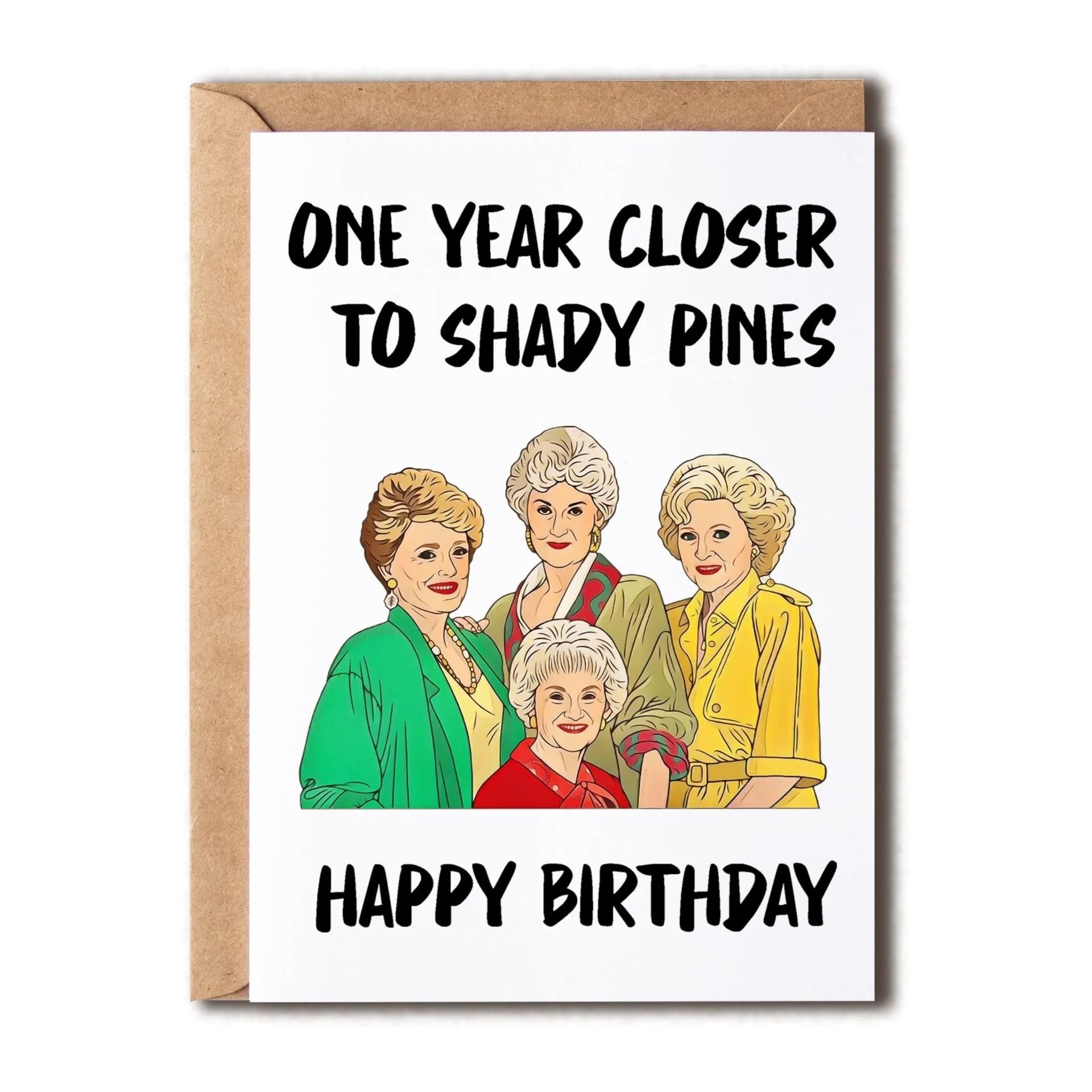 Modern printed birthday greeting card with a selection of coloured envelopes: yellow, purple, pink, red, and kraft paper.