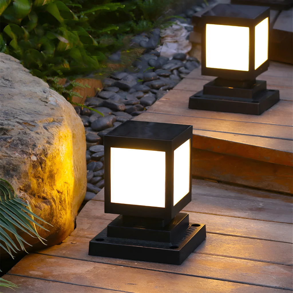 Waterproof solar garden light with LED, stake, and solar panel in a UK garden setting