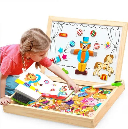 Wooden magnetic puzzle board with 100+ pieces including animal figures and drawing surface