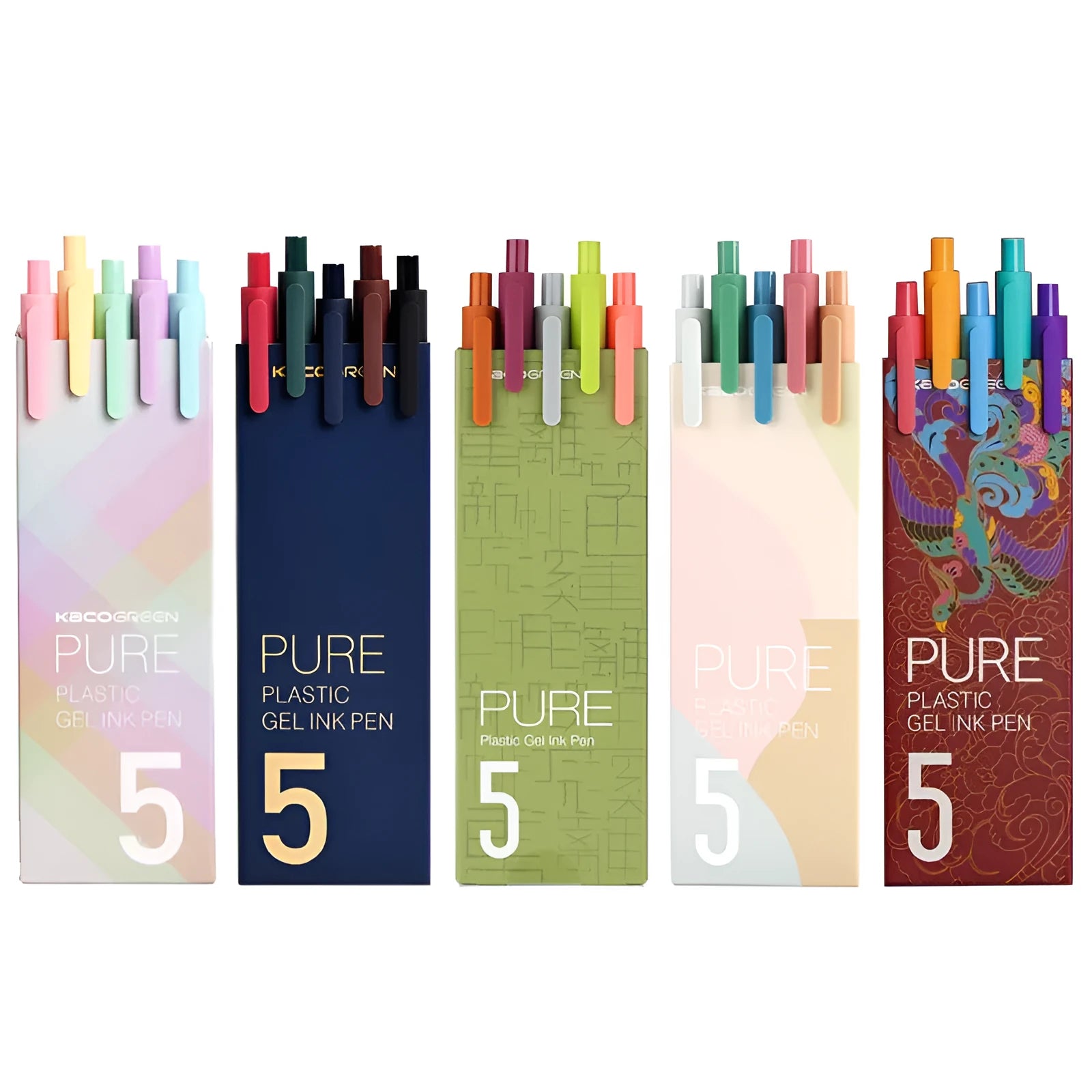 Multi-color gel pen set with 0.5mm fine point, retractable design, ABS plastic shell, and five colour refills in a vintage colour box