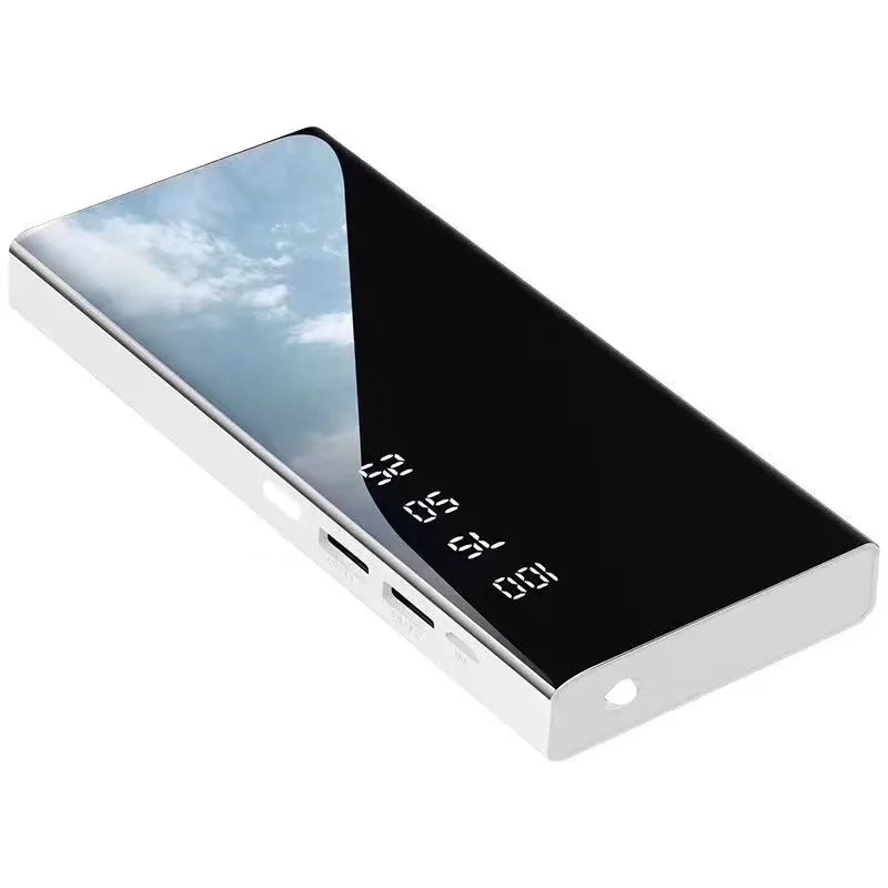 Black 20000mAh power bank showing LCD screen and two USB ports.