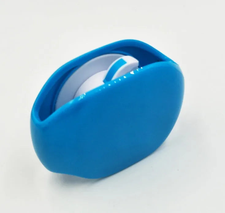 Automatic earphone cable winder unit in blue showing retracted cable, next to a black unit for size comparison.