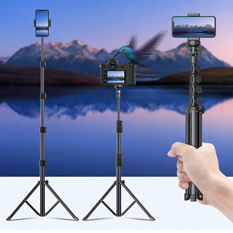 Black aluminium alloy selfie stick tripod compatible with iPhone in extended and collapsed positions