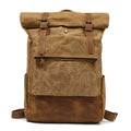 Canvas vintage backpack in khaki showing front zipper pocket and curved shoulder straps with retro square shape
