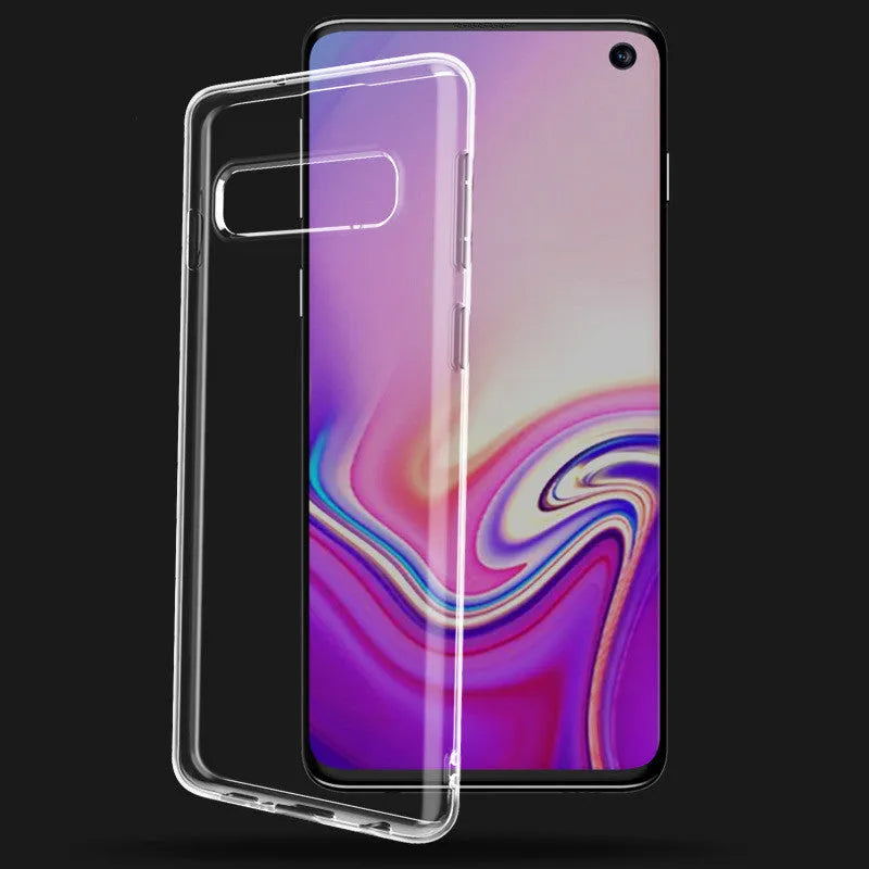 Transparent TPU mobile phone case for Samsung S10 showing minimalist design and clear phone visibility