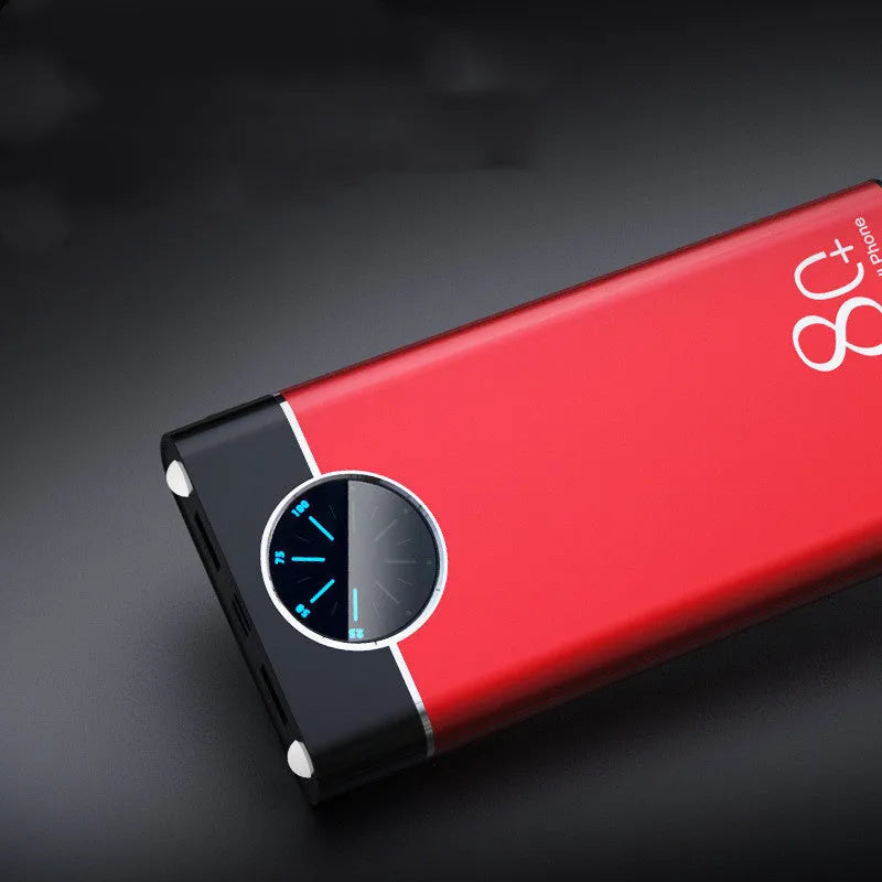 20000mAh alloy fast charging power bank in black, red, and blue colours with LED flashlight