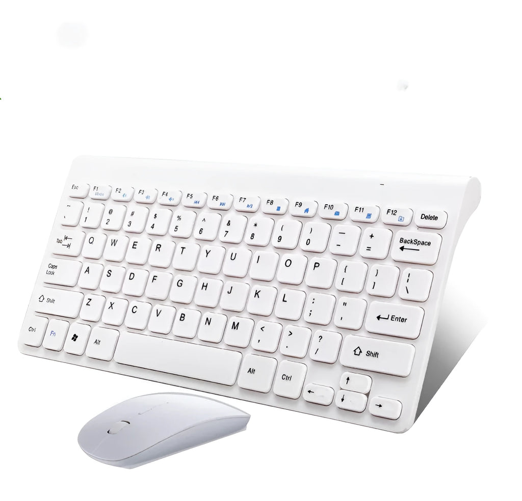 Black and white wireless keyboard and mouse set showing 78-key layout and 4-button mouse.