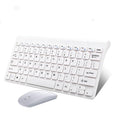 Black and white wireless keyboard and mouse set showing 78-key layout and 4-button mouse.