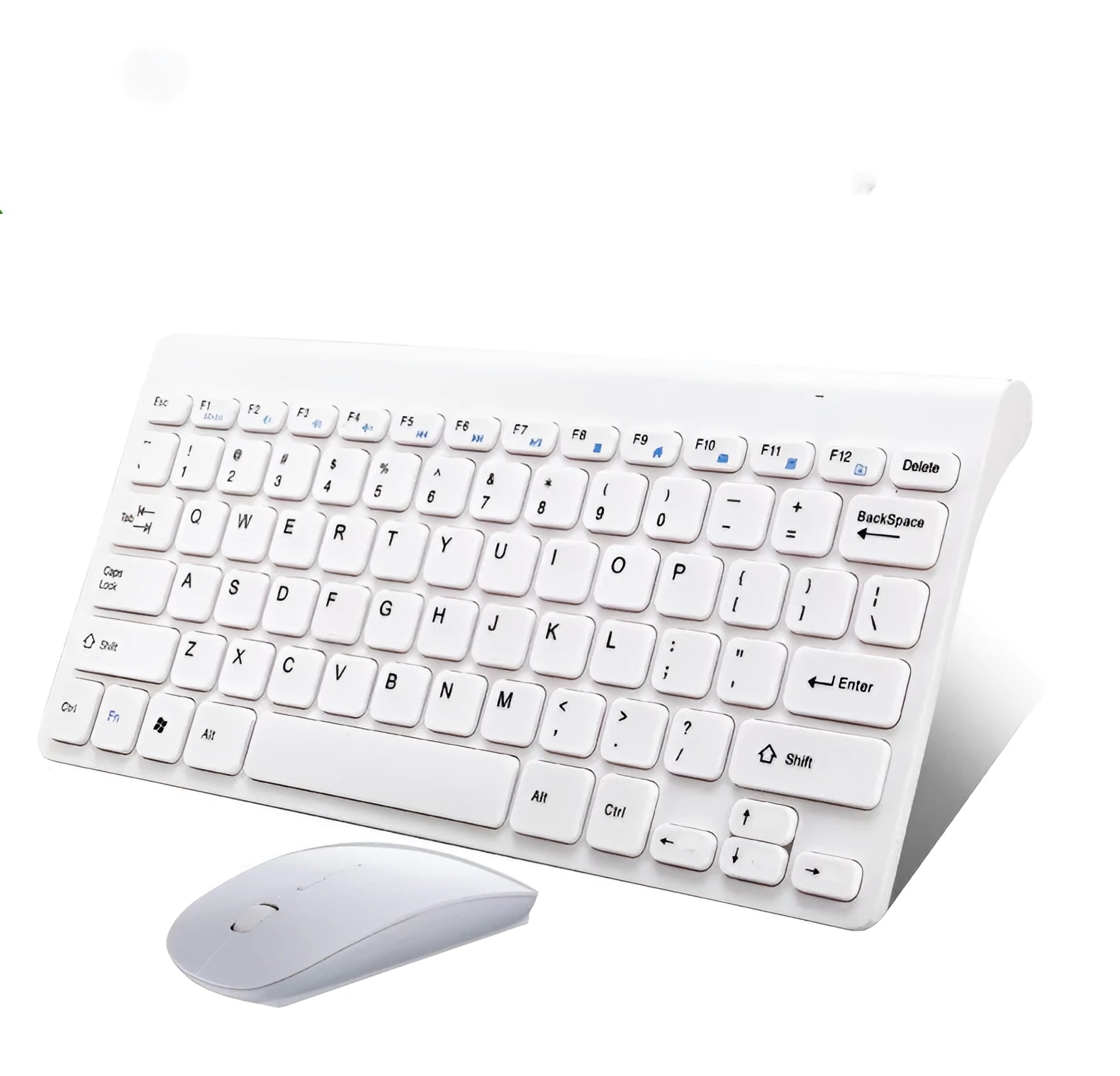 Black and white wireless keyboard and mouse set showing 78-key layout and 4-button mouse.