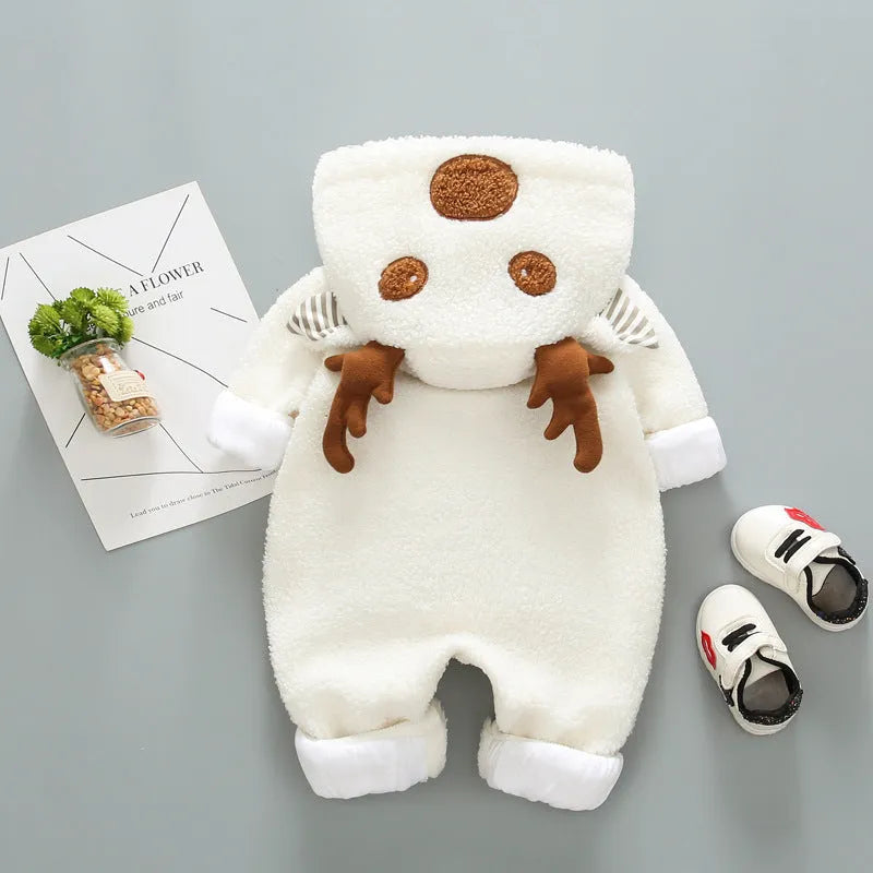 Long sleeve cotton baby romper with lace-up chest closure in khaki, pink or white.