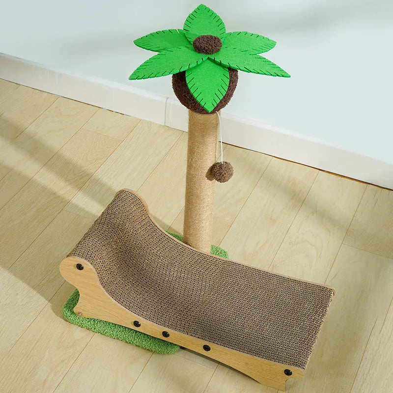 Wooden beach chair-style cat climbing frame with integrated hemp scratching mat.