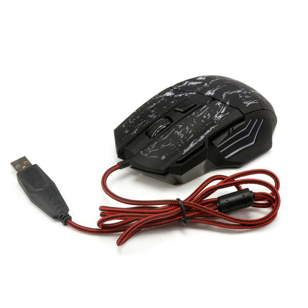 Wired computer gaming mouse with transparent black shell, luminous LED, seven buttons, four-way scroll wheel, USB cable, 127x85x37mm