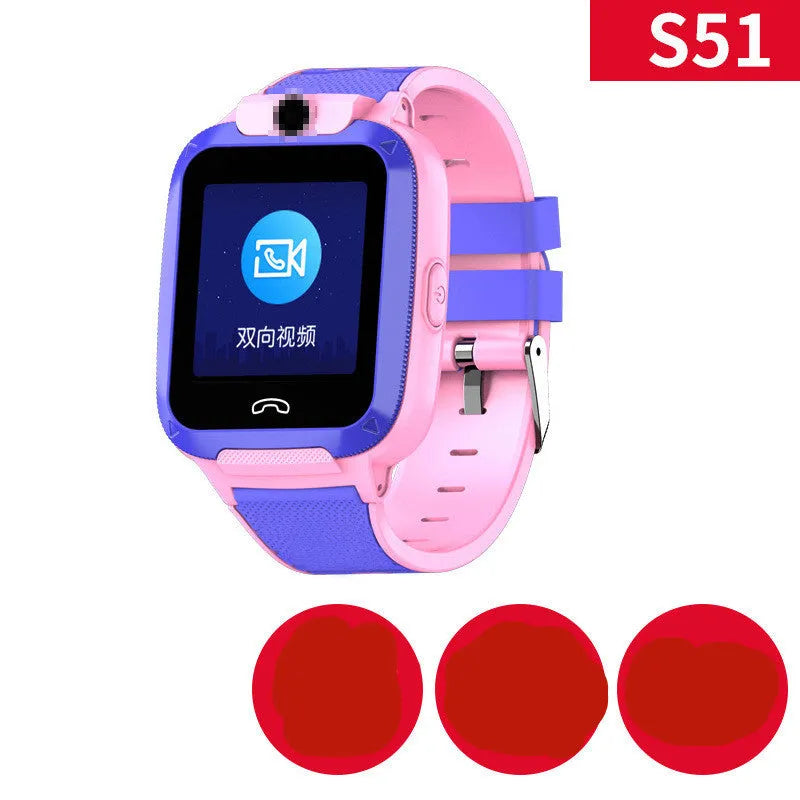 A child's blue silicone strap smartwatch with a touchscreen showing a video call interface.