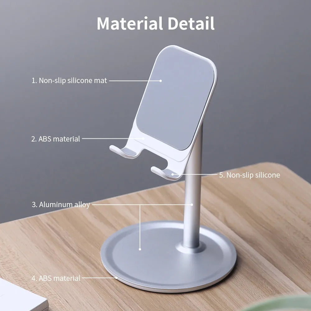 Silver white aluminium alloy desktop stand holding a mobile phone.