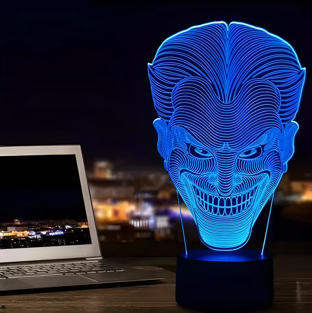 USB-powered 3D acrylic LED table lamp showing colourful gradient lighting on a desk.