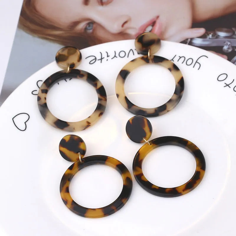 Single leopard print acrylic acetate stud earring in coffee colour on metal base for women