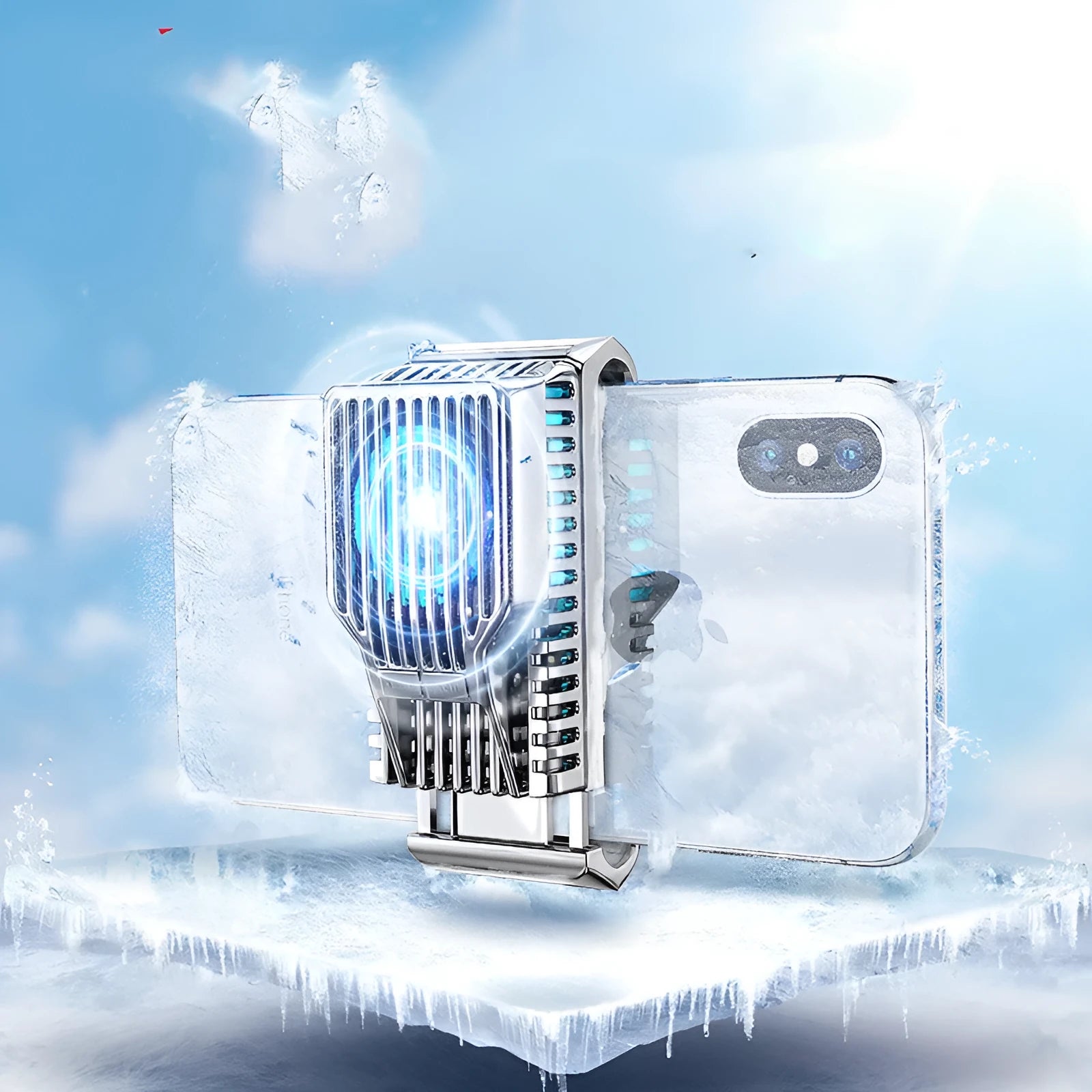 Black mobile phone radiator clip cooling fan for smartphones showing clip mechanism and aluminium alloy construction