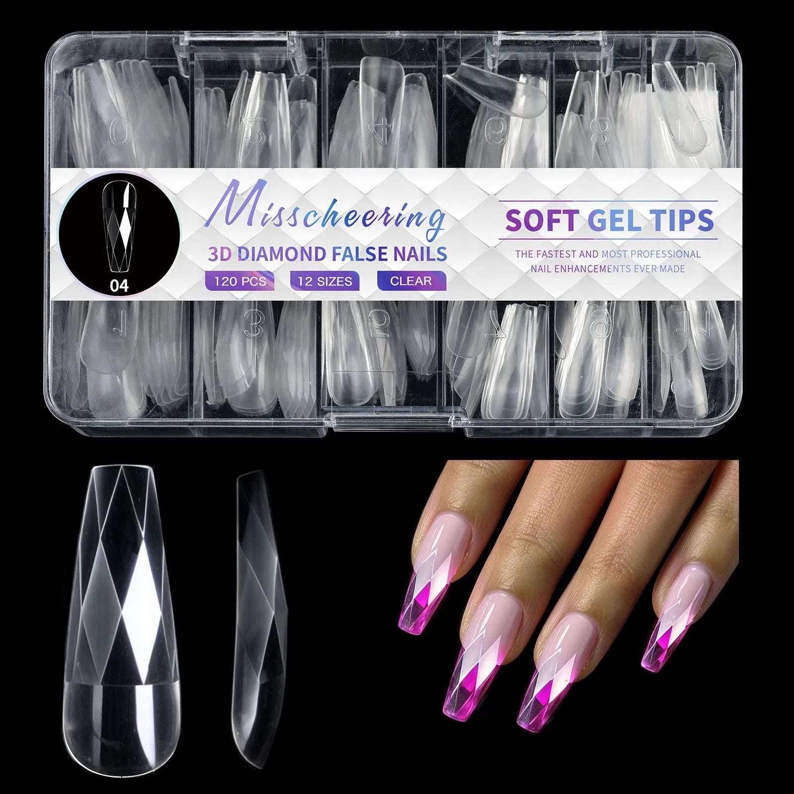 3D diamond pattern long nail tips in glitter colours for nail art enhancement