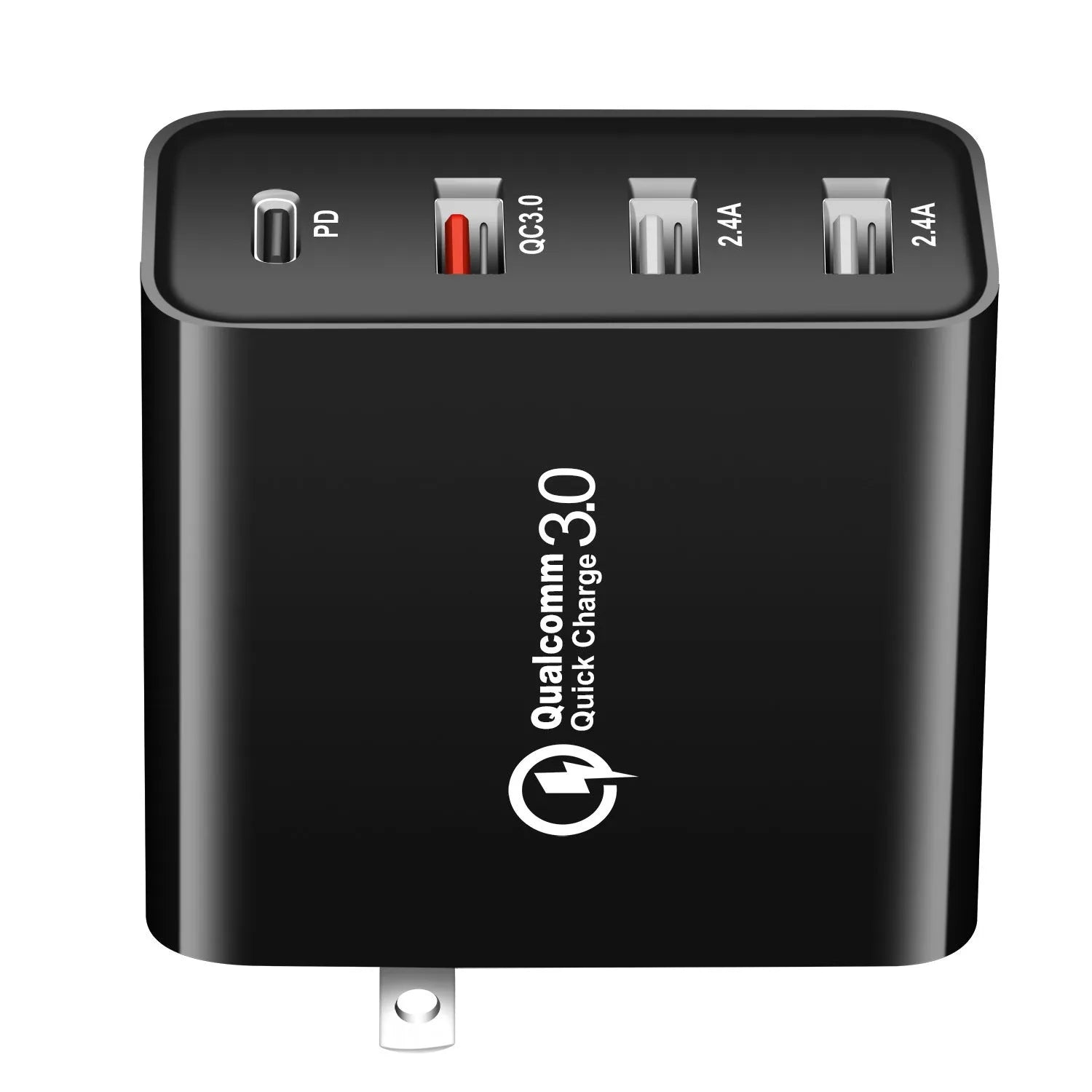 Black 48W USB-C four-port fast wall charger with UK plug on a wooden surface