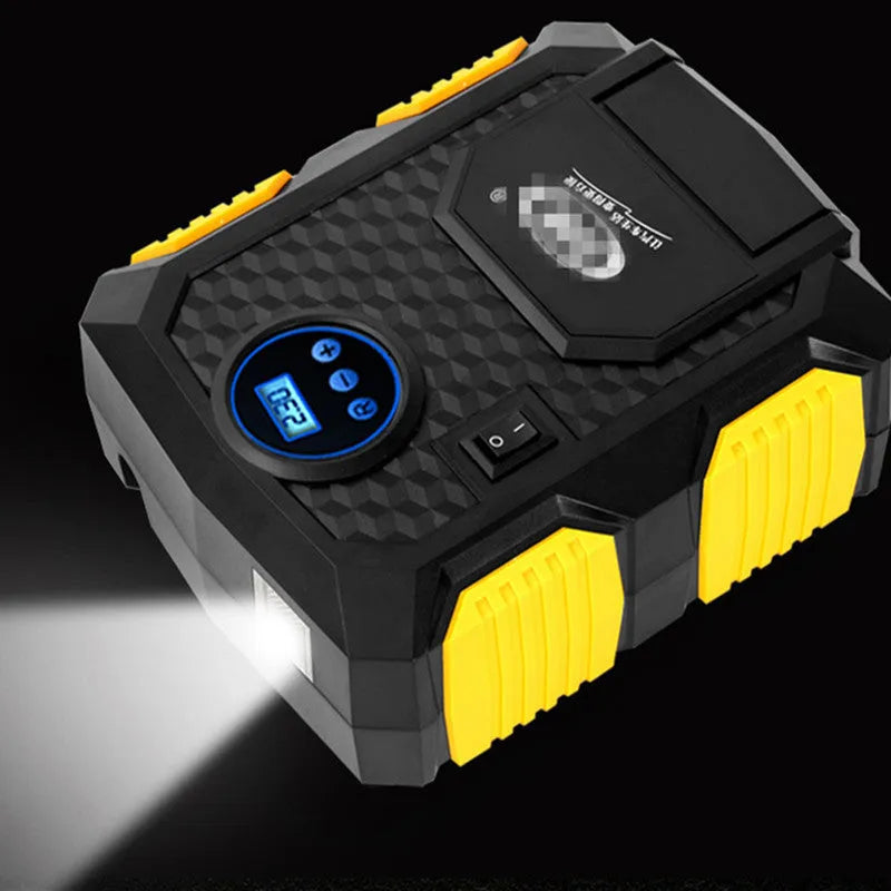 12V car tyre pump with 60cm gas pipe and digital display, connected to a cigarette lighter socket for inflation