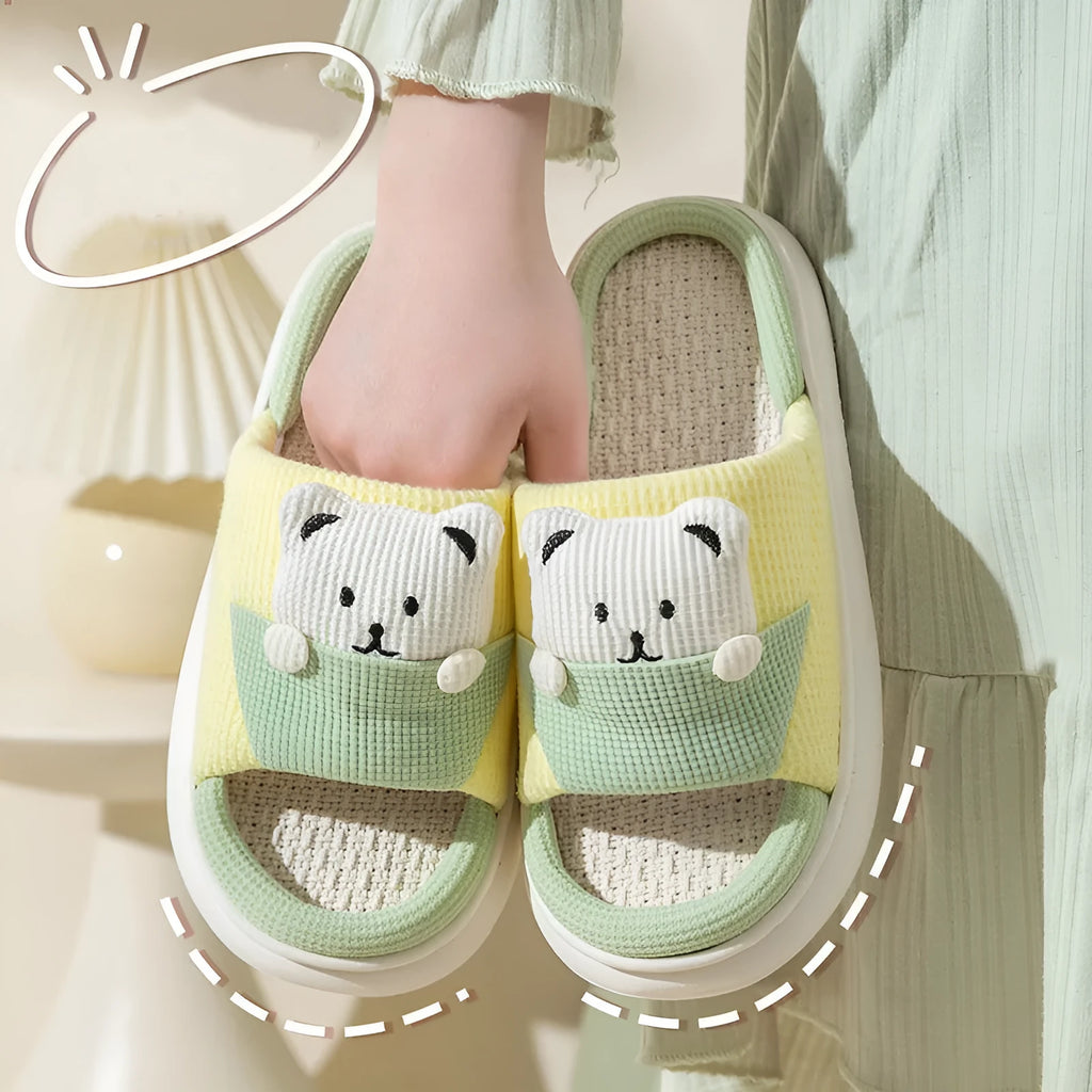 Cute cartoon bear design thick-soled linen slippers for women in blue, green, pink options