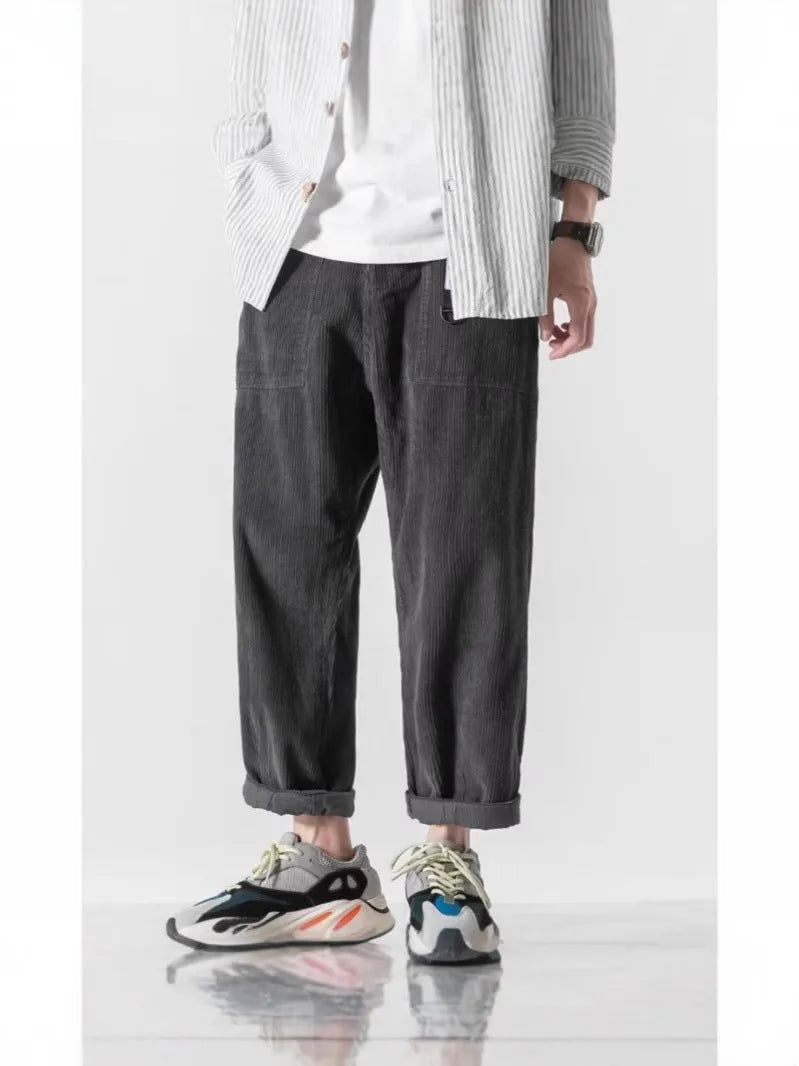 Loose straight tapered pants with wide legs in chemical fibre blend fabric, shown in dark grey colour