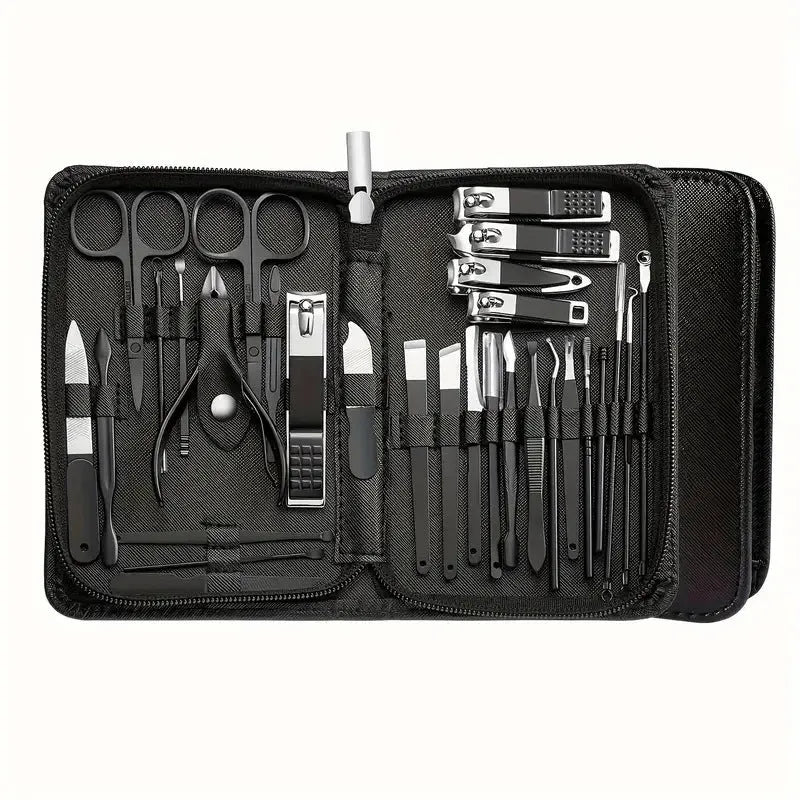 30-piece stainless steel nail tool set showing clippers, files, and pushers in a case.
