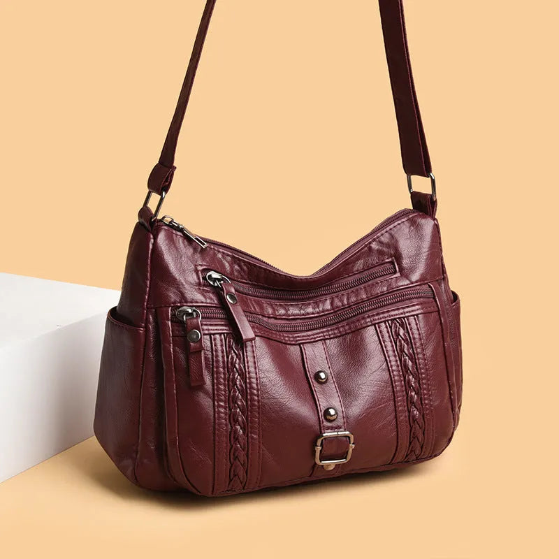 Fashionable versatile new soft PU shoulder messenger bag in horizontal square shape with slit pocket, available in five colours