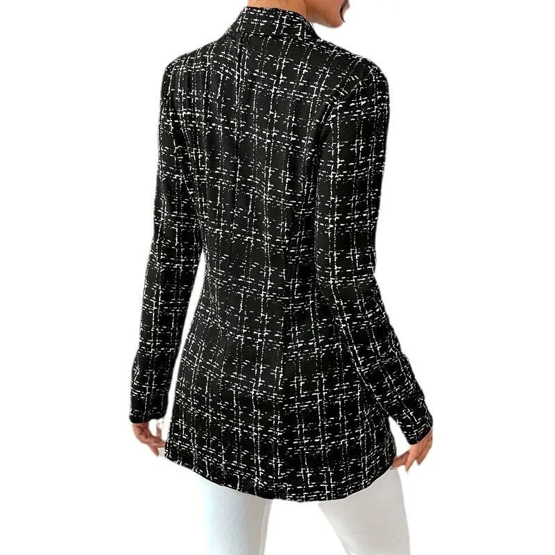 Women's slim fit plaid coat in polyester fibre, medium length 65cm, black colour