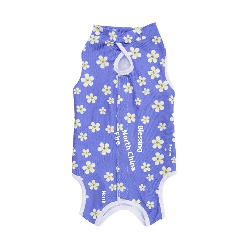 Adjustable velcro cat sterilisation recovery suit in a printed colour design, sizes S M L XL.