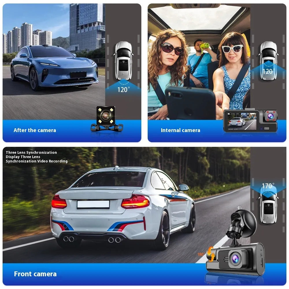 Black car dash cam with 2-inch screen mounted on windscreen, showing live reversing camera feed.