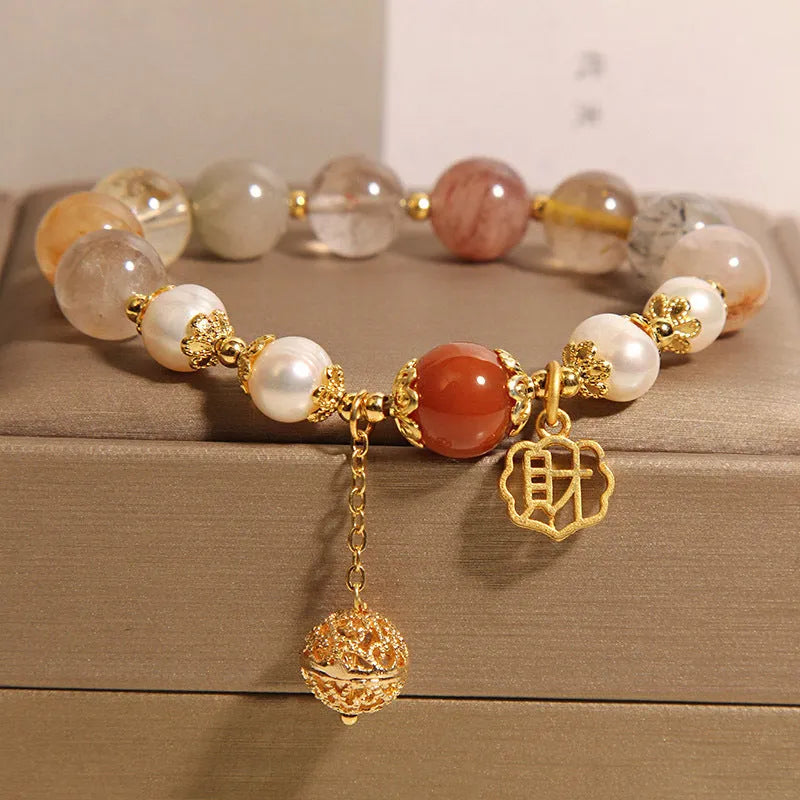 Natural colour hair crystal pearl bracelet for women with Chinese character Cai charm