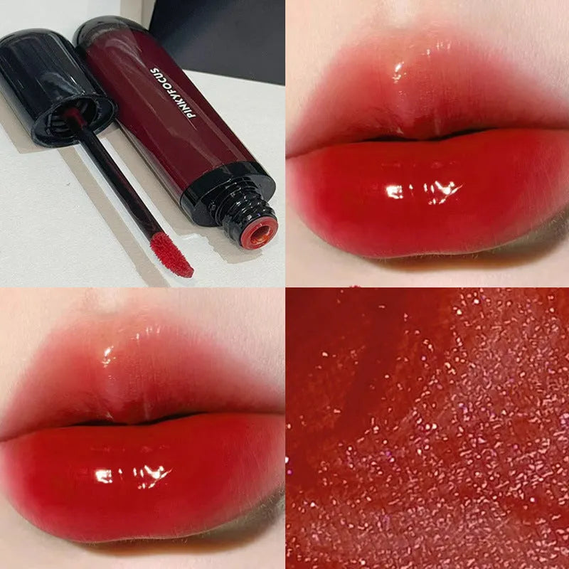 Black Shiny Makeup Mirror Lip Lacquer in six matte colour options including tomato, orange brown, and rose shades