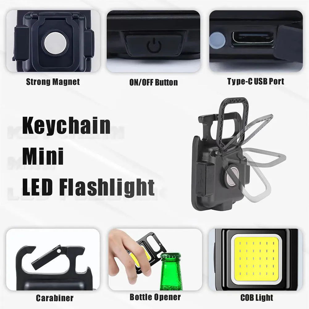 Mini portable COB keychain flashlight with USB recharge, 400 lumens, and built-in bottle opener