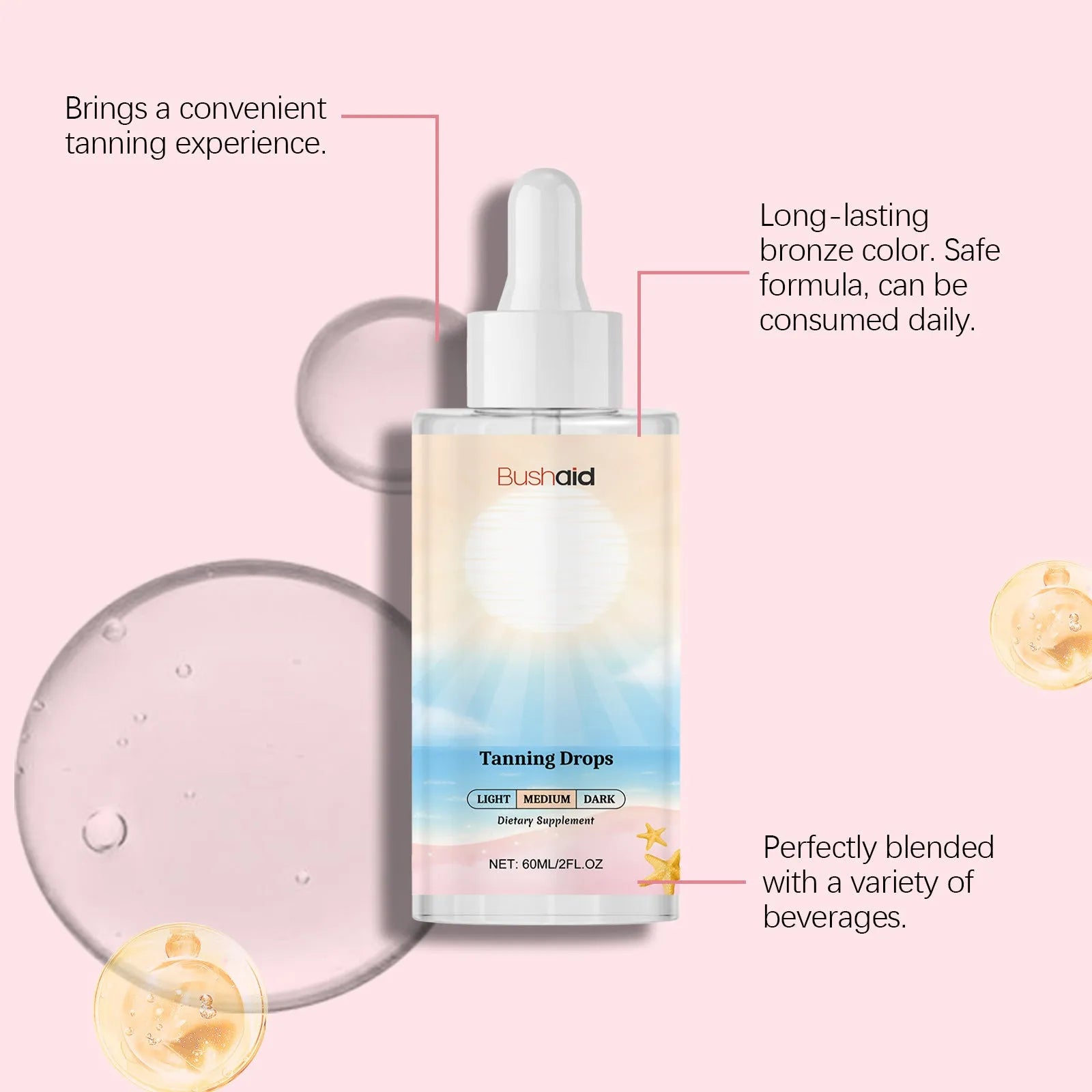 60ml bottle of no sunlight tanning drops for body care with pump dispenser