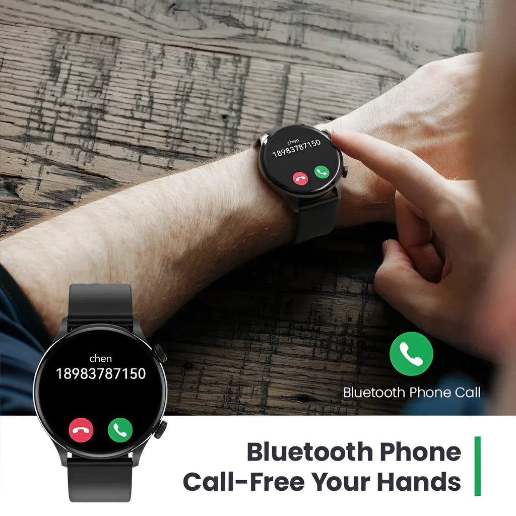 Black and white Bluetooth smartwatch on wrist showing heart rate and call functions on AMOLED display.