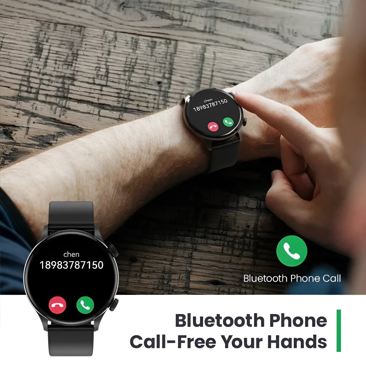 Black and white Bluetooth smartwatch on wrist showing heart rate and call functions on AMOLED display.