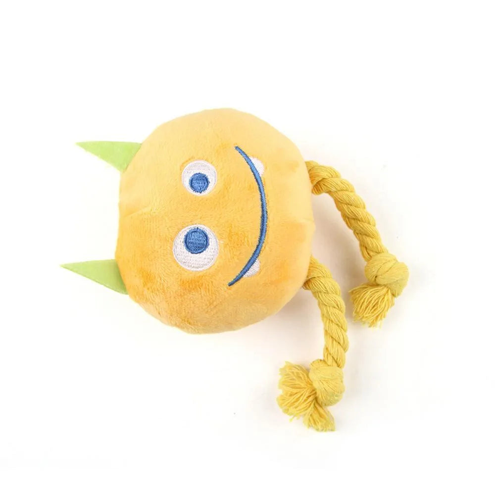 Blue and yellow cartoon dog squeaky toy with knot design made from cotton rope