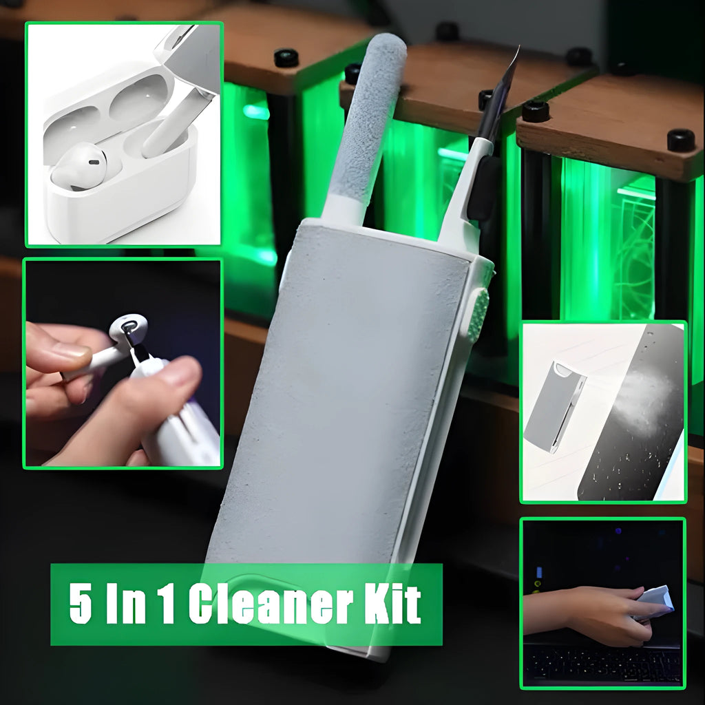 5-in-1 screen and earphone cleaning kit with integrated brush, sponge and metal tip tools