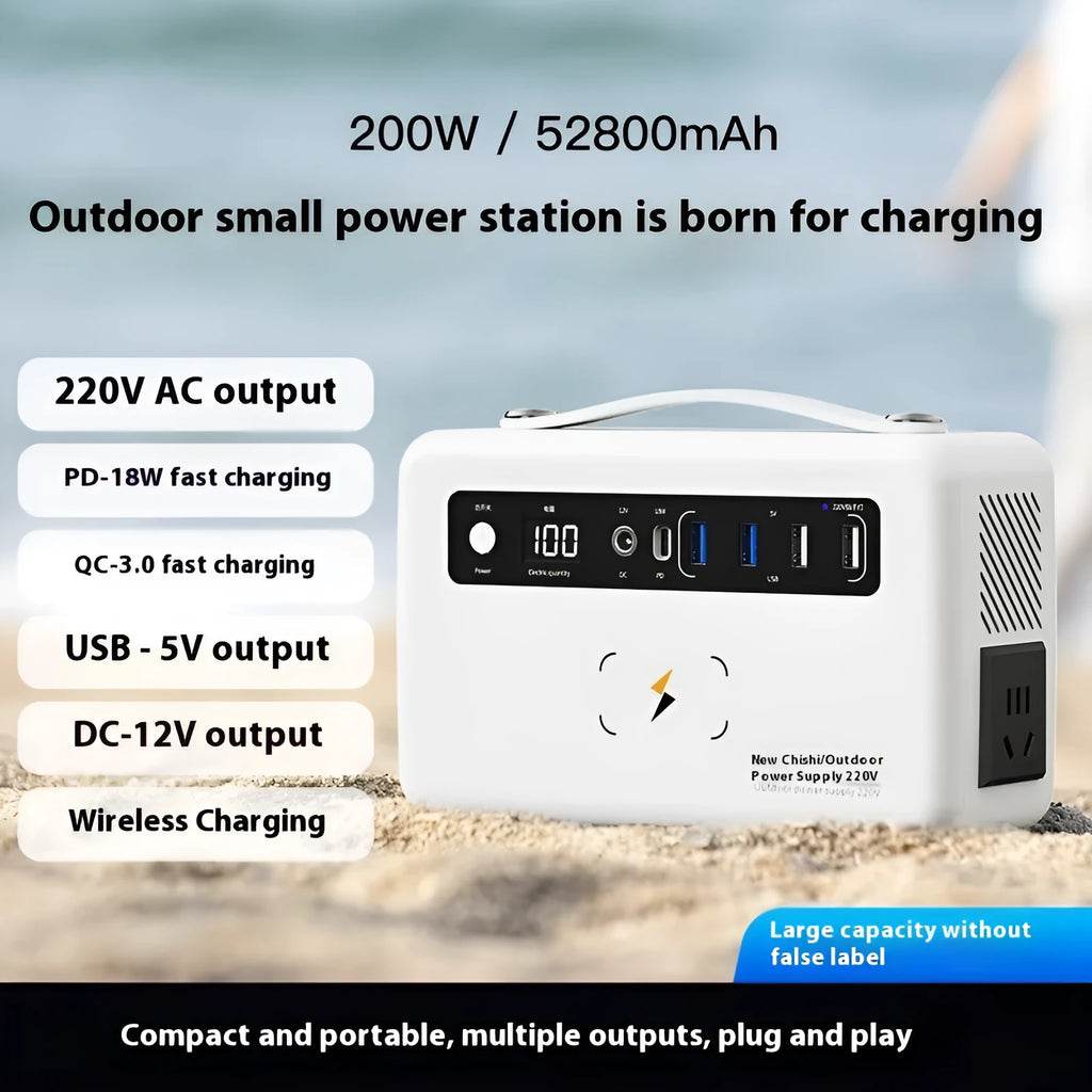 Outdoor 220V portable power supply 200W with compact dimensions and lightweight design