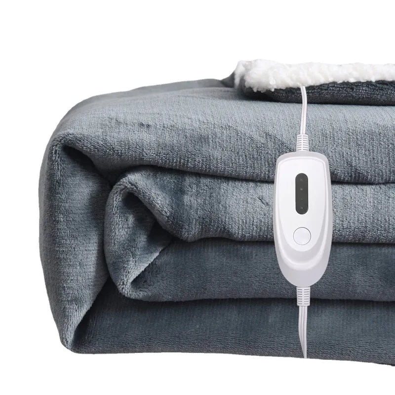 Grey and white USB electric heating blanket with intelligent temperature controls.