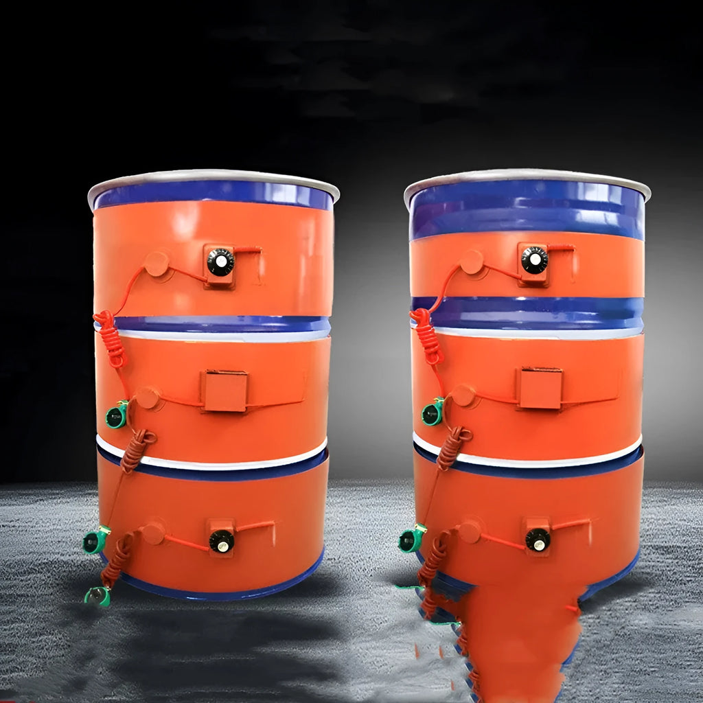 Silicone rubber heating belt wrapped around 200-litre oil drum with control panel