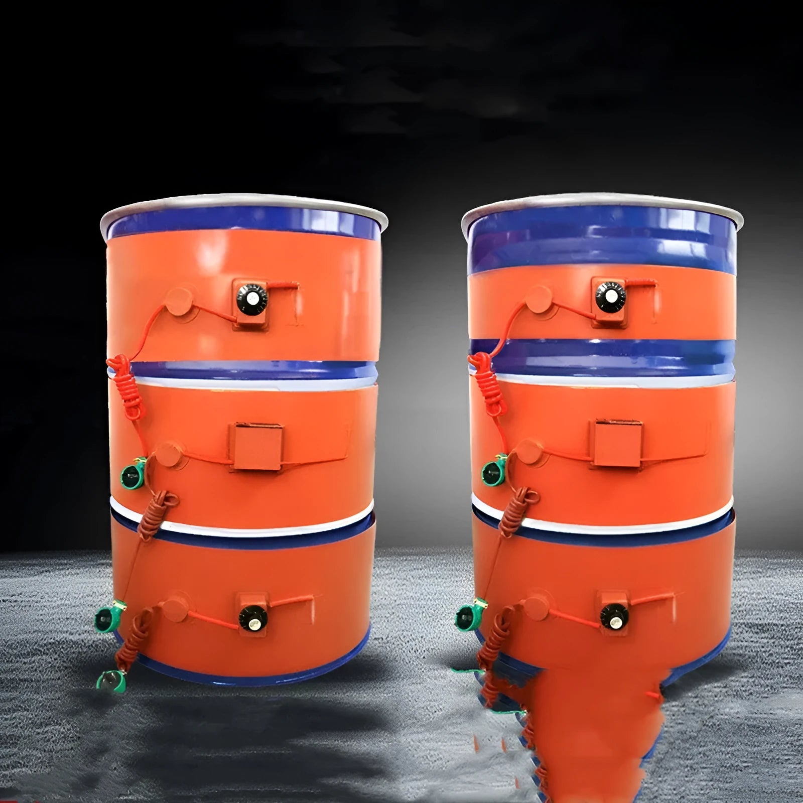 Silicone rubber heating belt wrapped around 200-litre oil drum with control panel