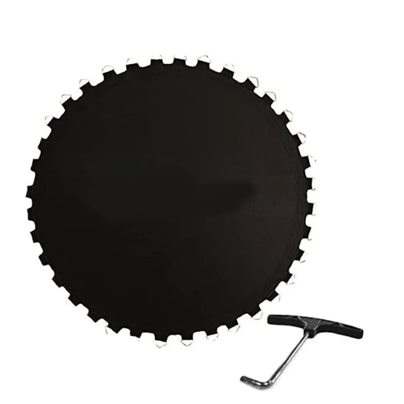 Round white trampoline elastic fabric with multiple button attachments for safety net repair.