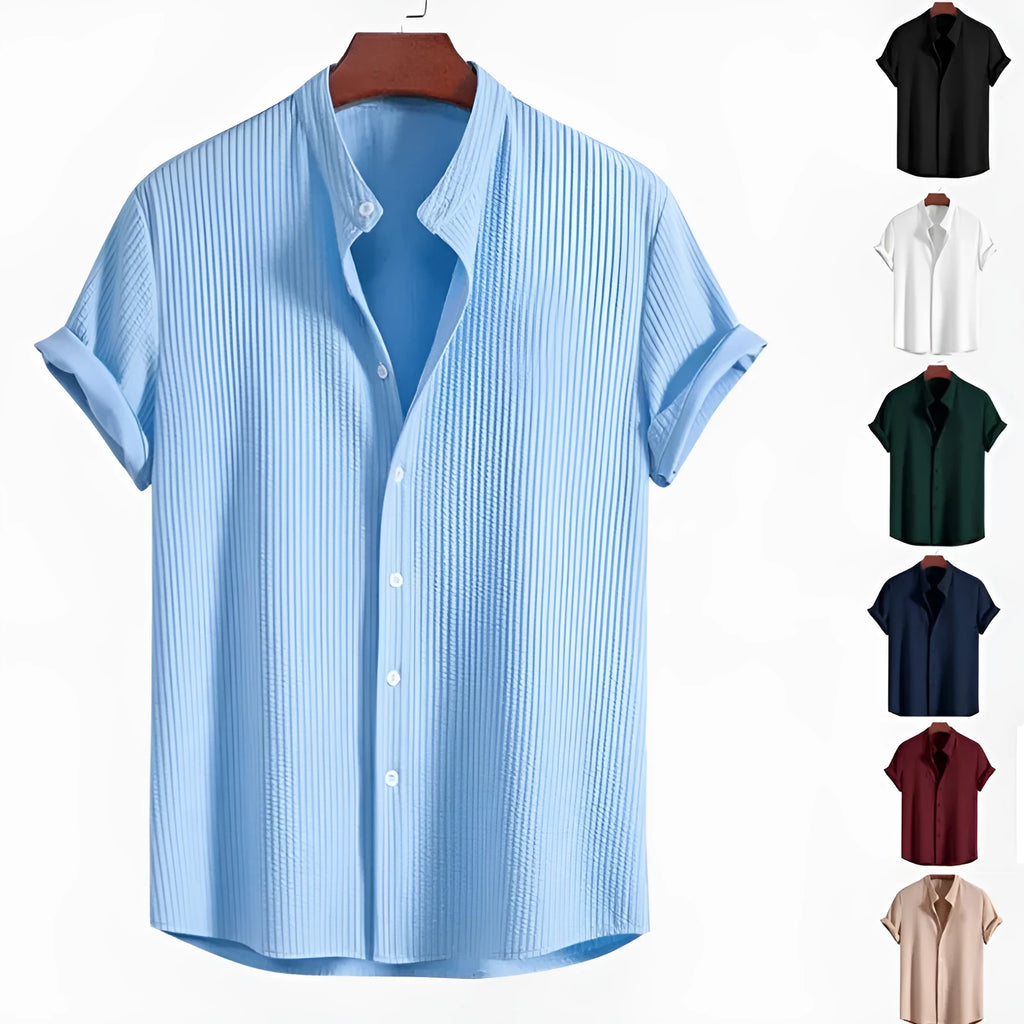 Men's loose-fitting short sleeve casual shirt in polyester, shown in a selection of available colours.